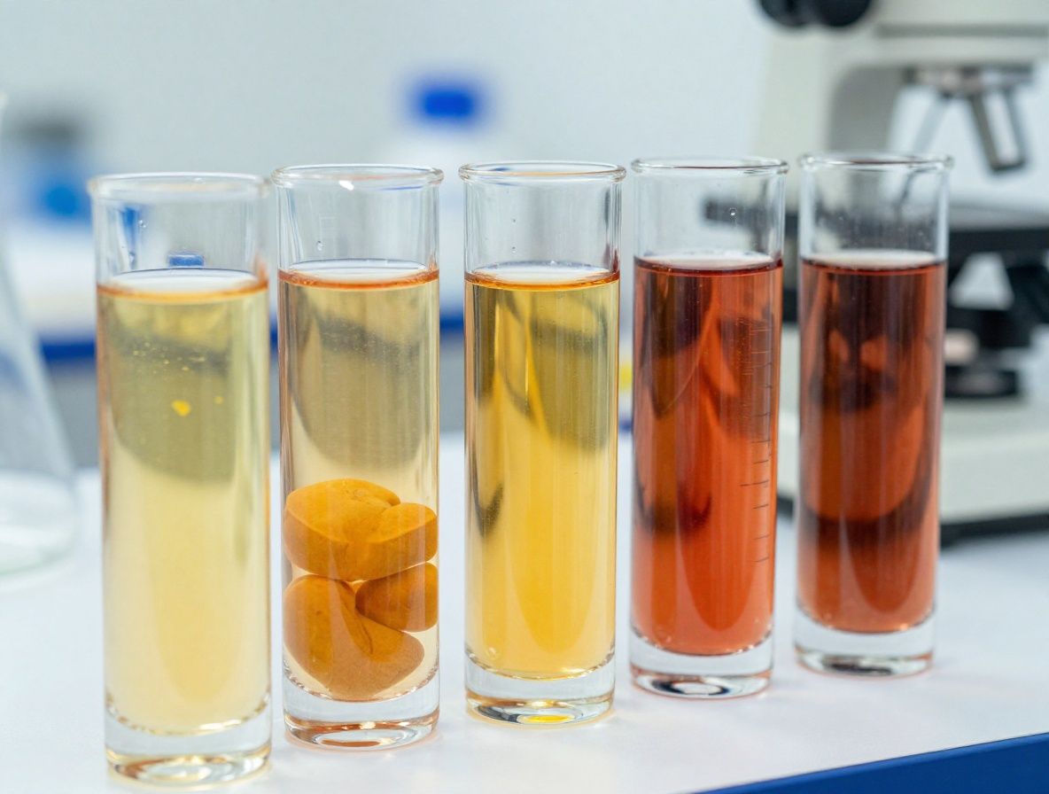 Nowoczesne laboratorium z przezroczystymi kolbami i próbówkami wypełnionymi kolorowymi płynami, przedstawiające naukowe podejście do kontroli jakości suplementów