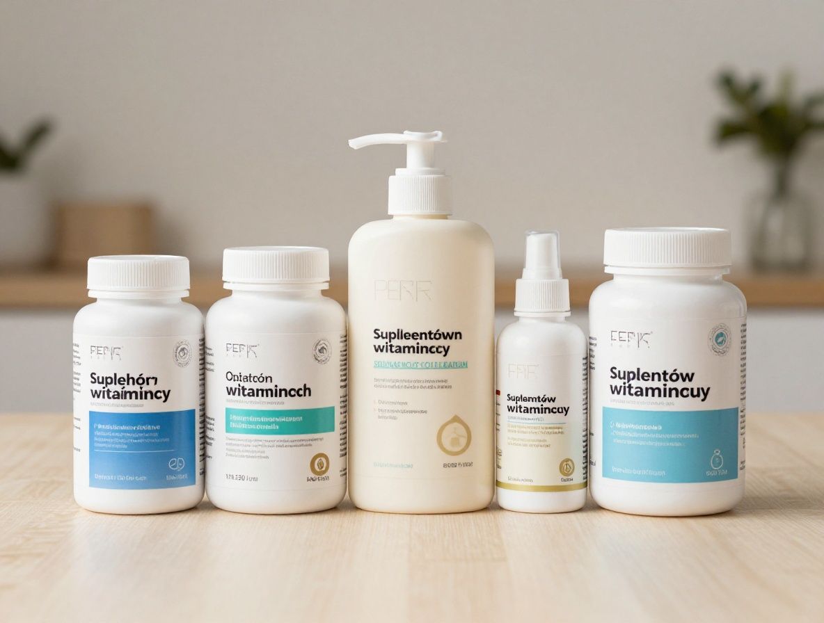 Różnorodne opakowania suplementów witaminowych i minerałów w neutralnych barwach ustawione na białej powierzchni, widok z góry bez widocznych marek ani logo